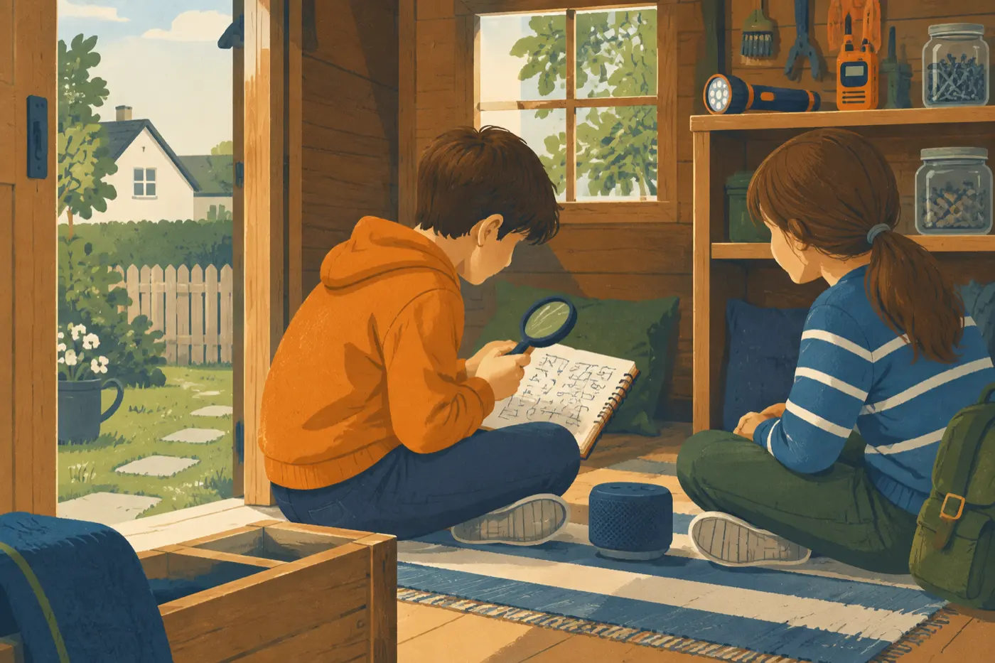 Zwei Kinder sitzen in einem kleinen Gartenschuppen und spielen mit Lupe und Notizbuch Detektiv, während ein kleiner Lautsprecher ein Hörspiel abspielt.