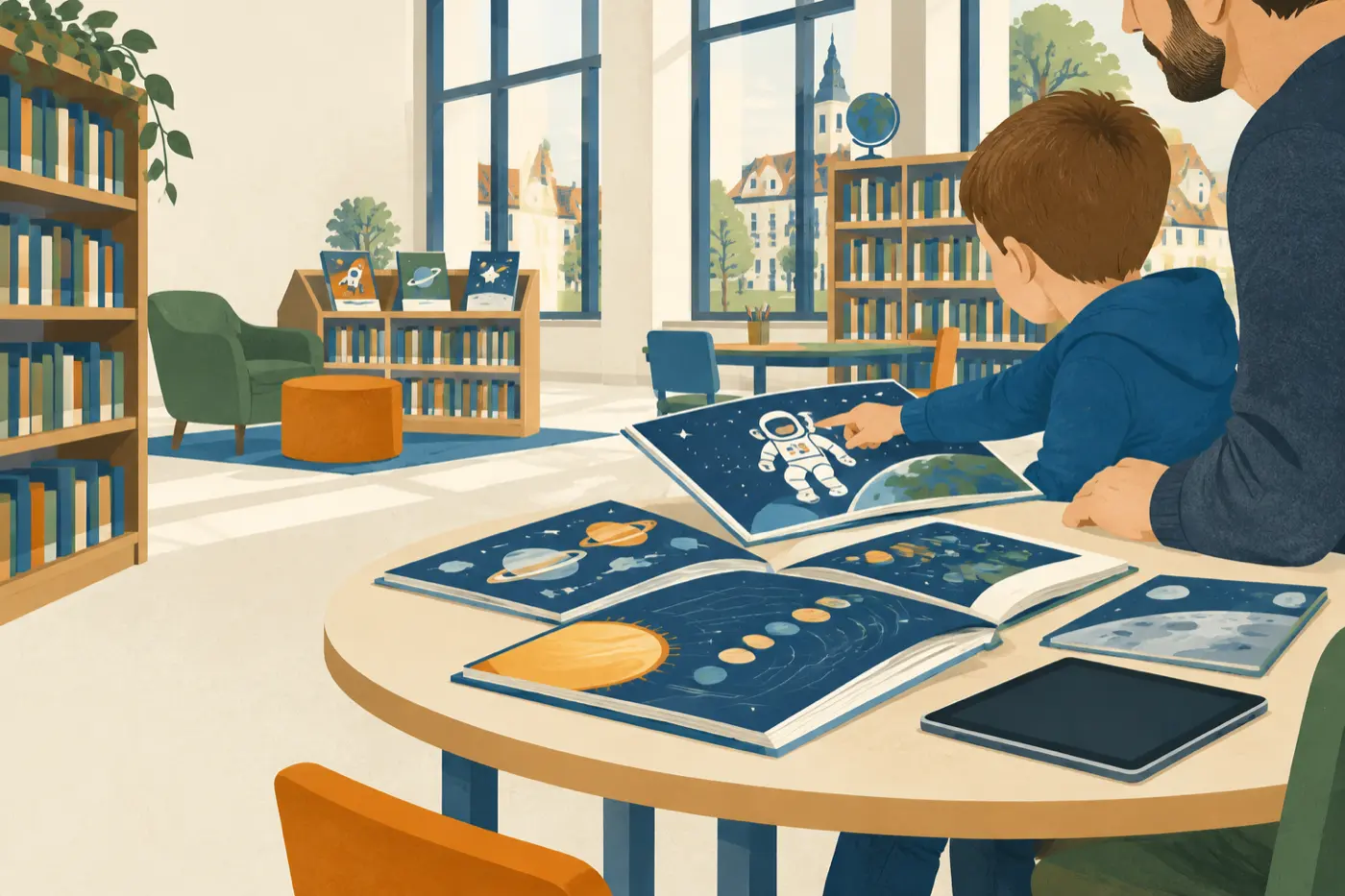 Ein Vater und sein Sohn schauen gemeinsam in der Bücherei Bilderbücher über den Weltraum an, das Tablet liegt ausgeschaltet daneben.