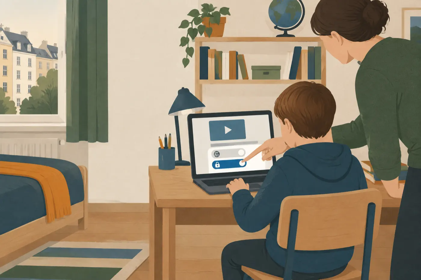 Ein Kind sitzt am Schreibtisch vor einem Laptop, eine erwachsene Person zeigt von der Seite auf die Bildschirm-Einstellung für die Sichtbarkeit eines Videos.