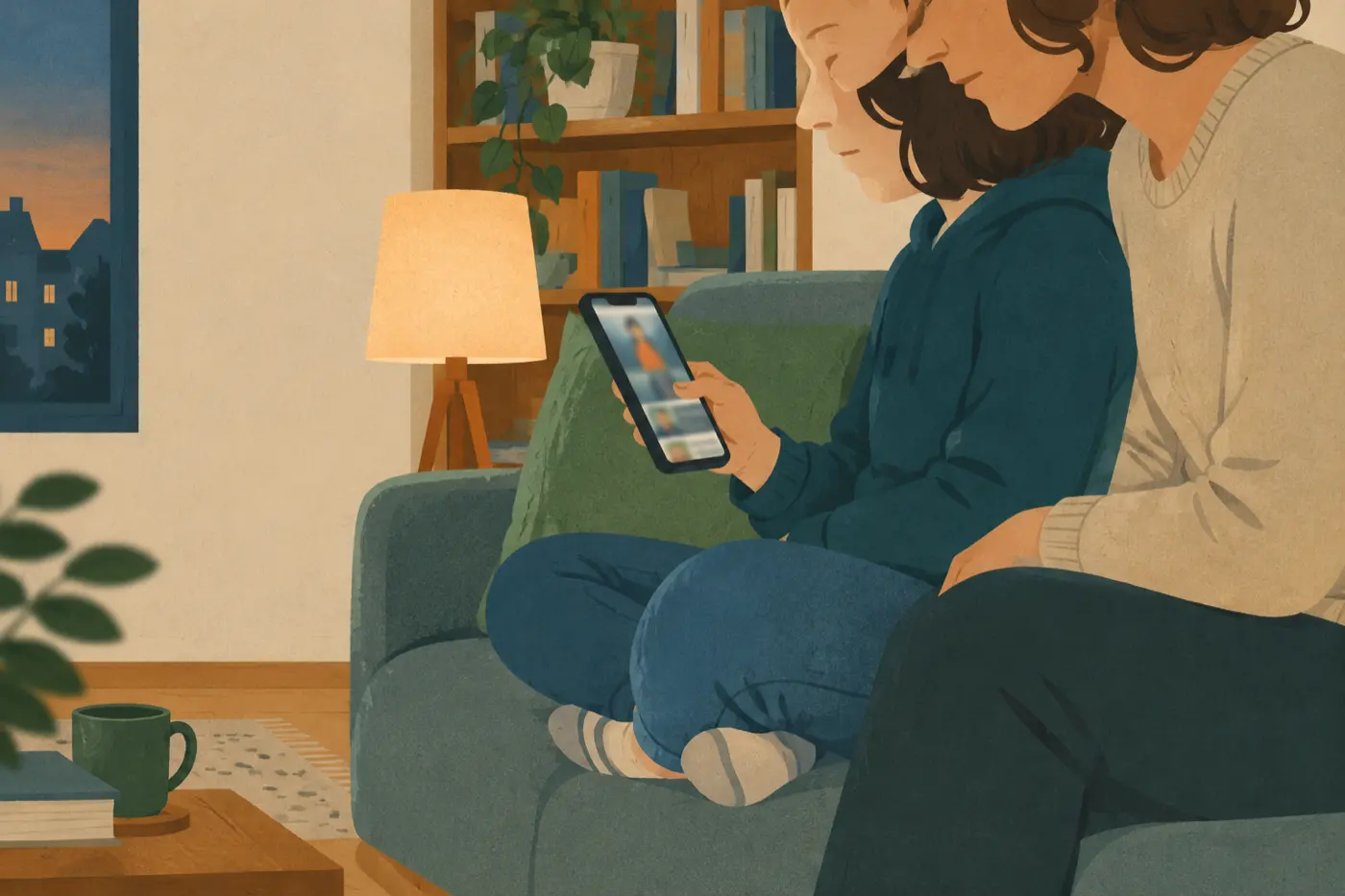Ein Kind sitzt mit dem Smartphone auf dem Sofa und scrollt durch einen senkrechten Video-Feed, während ein Elternteil ruhig danebensitzt und mitschaut.