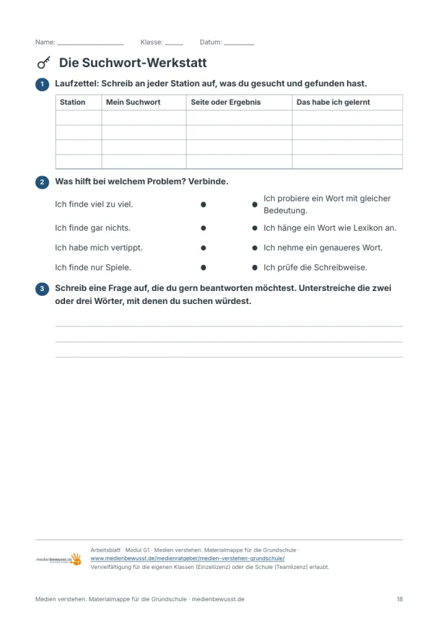 Seite 18: Arbeitsblatt Klasse 3 und 4